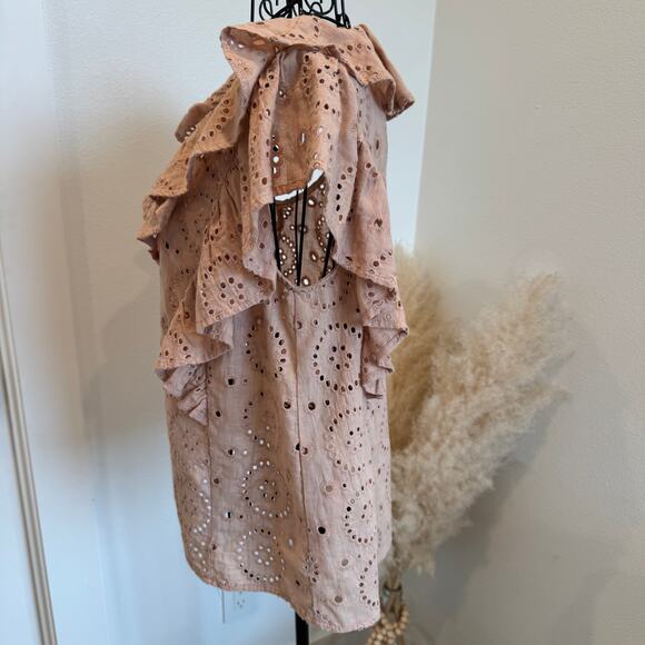 Grade & Gather Blush Pink Eyelet Lace Ruffle Flutter Sleeve Cotton Blouse Small - Picture 3 of 7